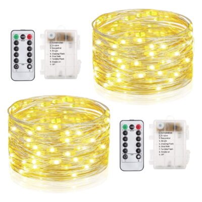 2 Set Fairy Lights Battery Operated - Led String Lights 8 Modes 66Ft 200 LED Starry Lights - Silver Wire Firefly Lights for Wedding Birthday Party Christmas Decoration - Warm White