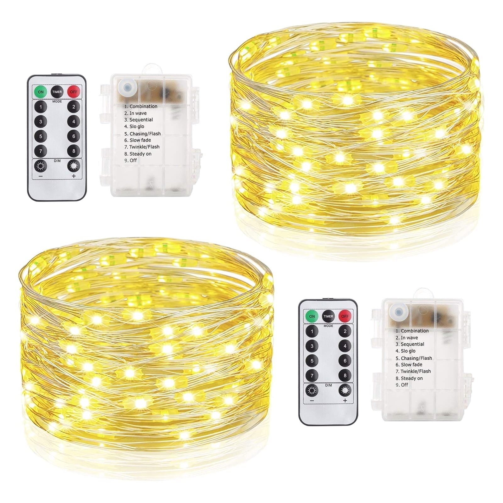 2 Set Fairy Lights Battery Operated - Led String Lights 8 Modes 66Ft 200 LED Starry Lights - Silver Wire Firefly Lights for Wedding Birthday Party Christmas Decoration - Warm White