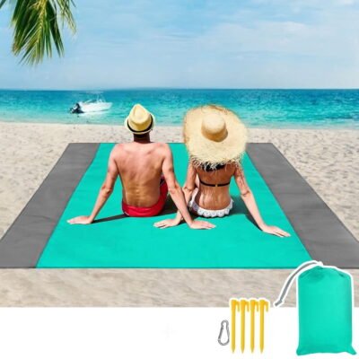 Beach Blanket, SandProof Beach Mat Large 4-7 Persons, Waterproof Picnic Mat Quick Drying Camping Blanket Made by Polyester with 4 Stakes for Outdoor Travel with Storage Bag (83" X 78")