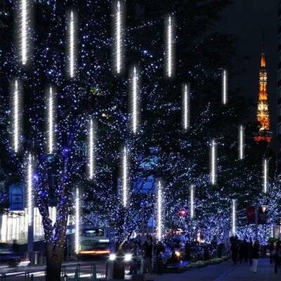 Christmas Lights Outdoor, Meteor Shower Falling Rain Lights 10cm 10 Tube 200 LED Icicle Cascading Lights for Xmas Tree Wedding Party Decoration, White