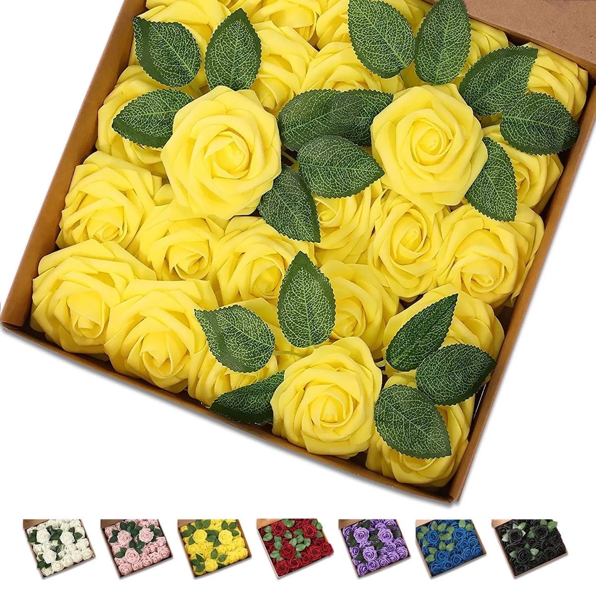 GLUAAE 25 Pack artificial foam roses with stems for wedding DIY bouquets, centerpieces, bridal showers, and home decoration (Yellow)