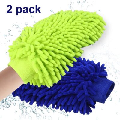 QISHI Car Wash Mitts, 2 Pcs Microfiber Chenille Coral Fleece Double Sided Car Wash Gloves, Blue & Green