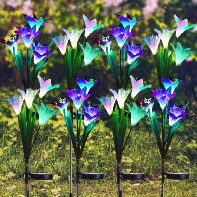 Solar Powered Outdoor Stake Lights - Color changing LED Solar Stake Lights for Garden, Patio, Landscape, 8 Pack Solar Lights with 32 Lily Flowers (Purple and White)