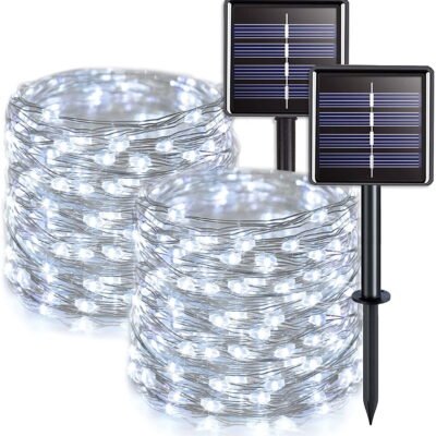 GLUAAE Solar String Lights Outdoor, 33Feet 100 LED Copper Wire Lights, 8 Modes Solar Powered Fairy Lights, Waterproof Solar Decoration Lights for Garden Yard Party Wedding Christmas(White)-2Pack