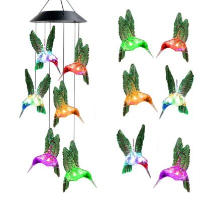 QISHI Solar Hummingbird Wind Chimes Light, Mobile Hanging Wind Chime, Color Changing Solar Garden Lights, Gardening Gift, Patio, Party, Yard Décor