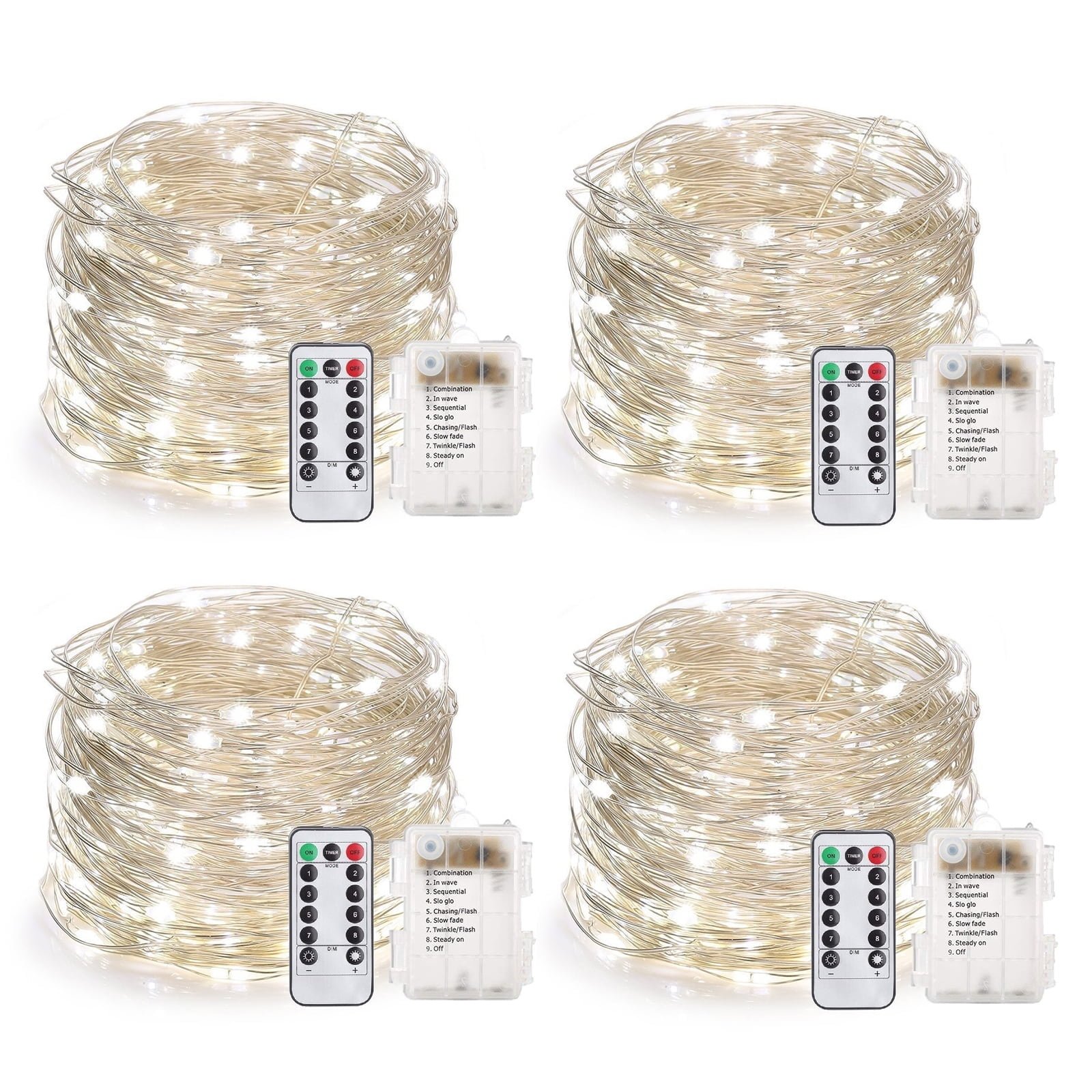 33 Feet 100 Led Fairy Lights Battery Operated with Remote Control Timer Waterproof Copper Wire Twinkle String Lights for Bedroom Indoor Outdoor Wedding Dorm Decor, Cool White 4Pack