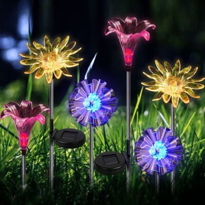 Solar Garden Lights Outdoor, 6 Pack LED Solar Stake Light, Multi-Color Changing Solar Powered Decorative Landscape Lighting Dandelion Lily Sunflower for Path, Yard, Lawn, Halloween, Christmas