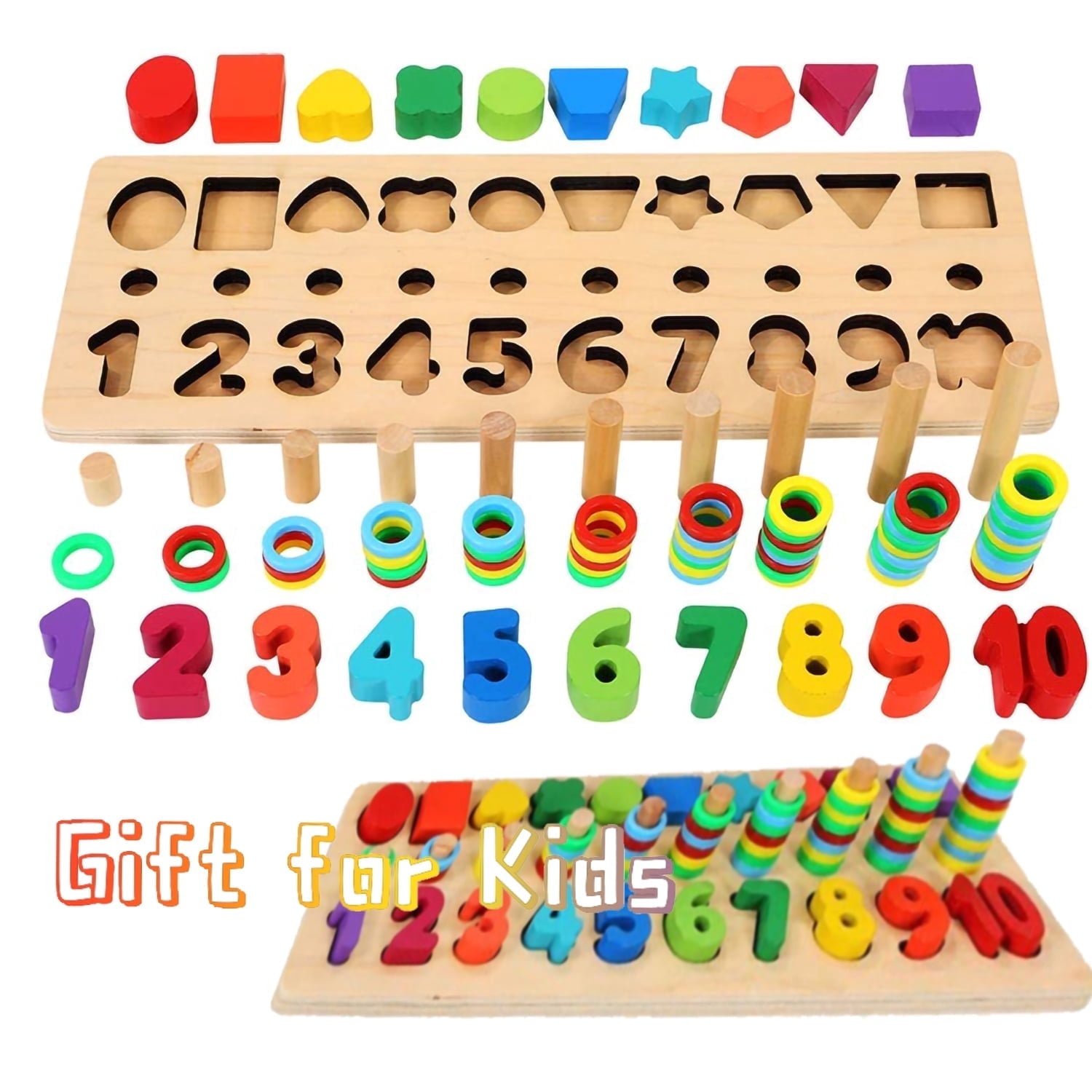 SOMNR Wooden Montessori Toys for Kids, Math Educational Learning Toys, Number Puzzles Sorter Counting Shape Stacker Stacking Game for Toddlers Age 3-5