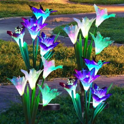 Outdoor Solar Lights Decorative LED Flowers - Pack of 4 Solar Lilies Patio Décor Purple & White Solar Powered Garden Decoration Lights -Backyard Lighting – Waterproof Lily Flower