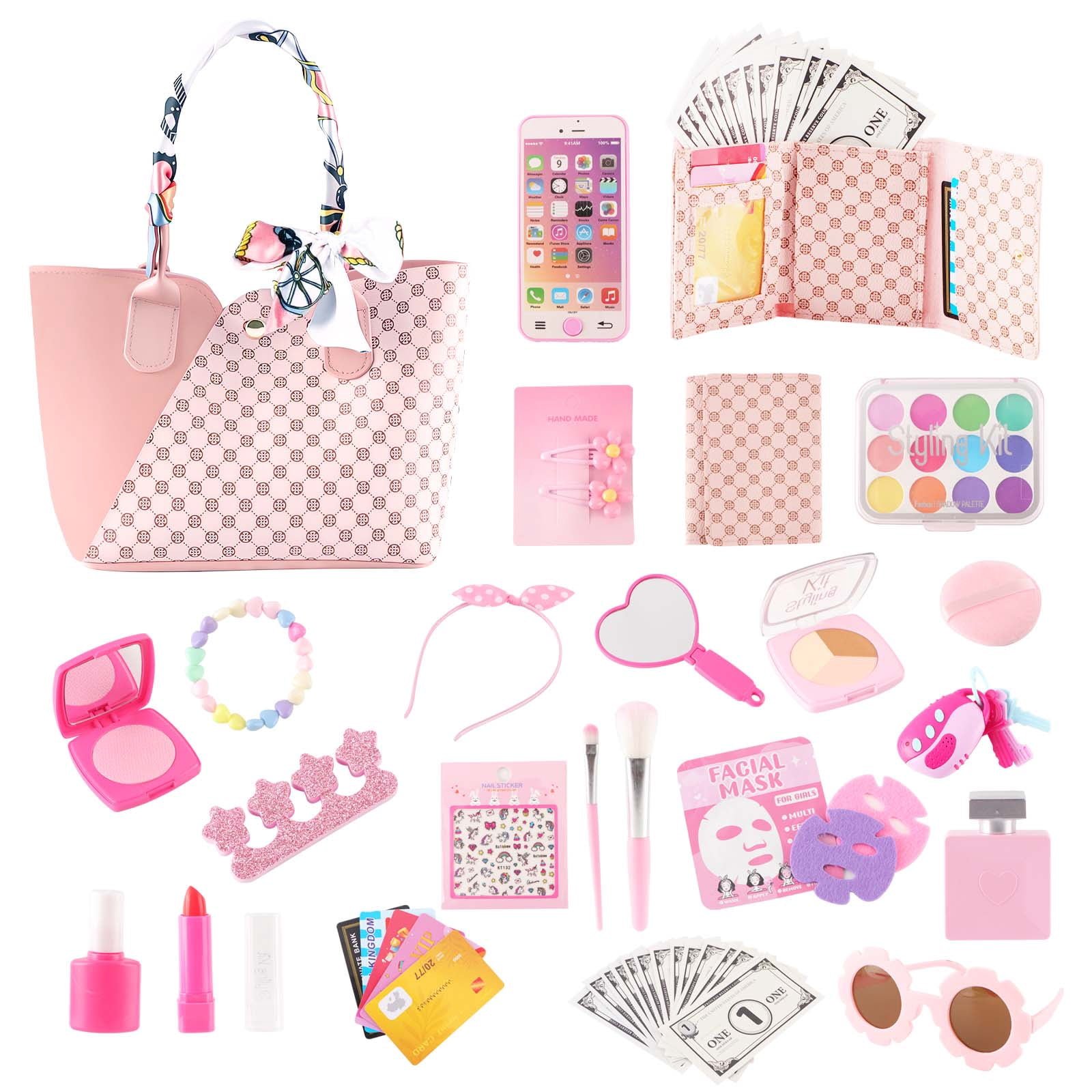 GLUAAE 42 Pcs Kids Toy Travel Bag & Makeup Kit for Girls - Play Purse Set with Wallet, Sunglasses, Phone & Sun Hat, Pretend Play Accessories (Best Birthday Gift for Ages 3-8)