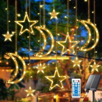 138 LED Solar Moon Star String Lights, Solar Curtain Lights with 8 Mode and Remote Control for Patio Porch Backyard, Warm White