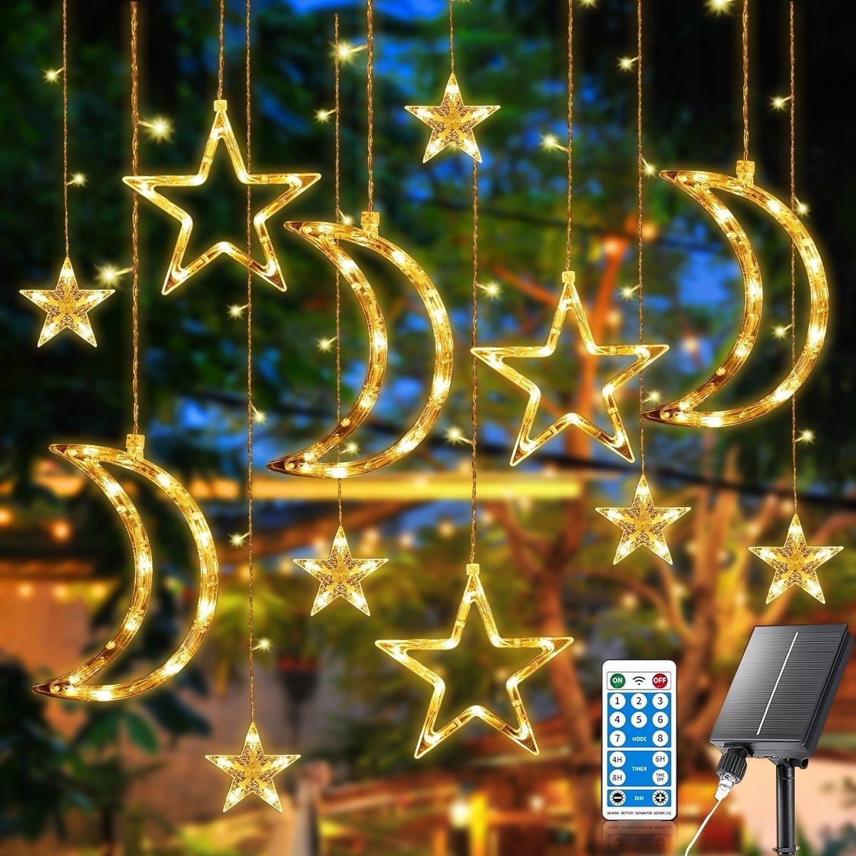 138 LED Solar Moon Star String Lights, Solar Curtain Lights with 8 Mode and Remote Control for Patio Porch Backyard, Warm White