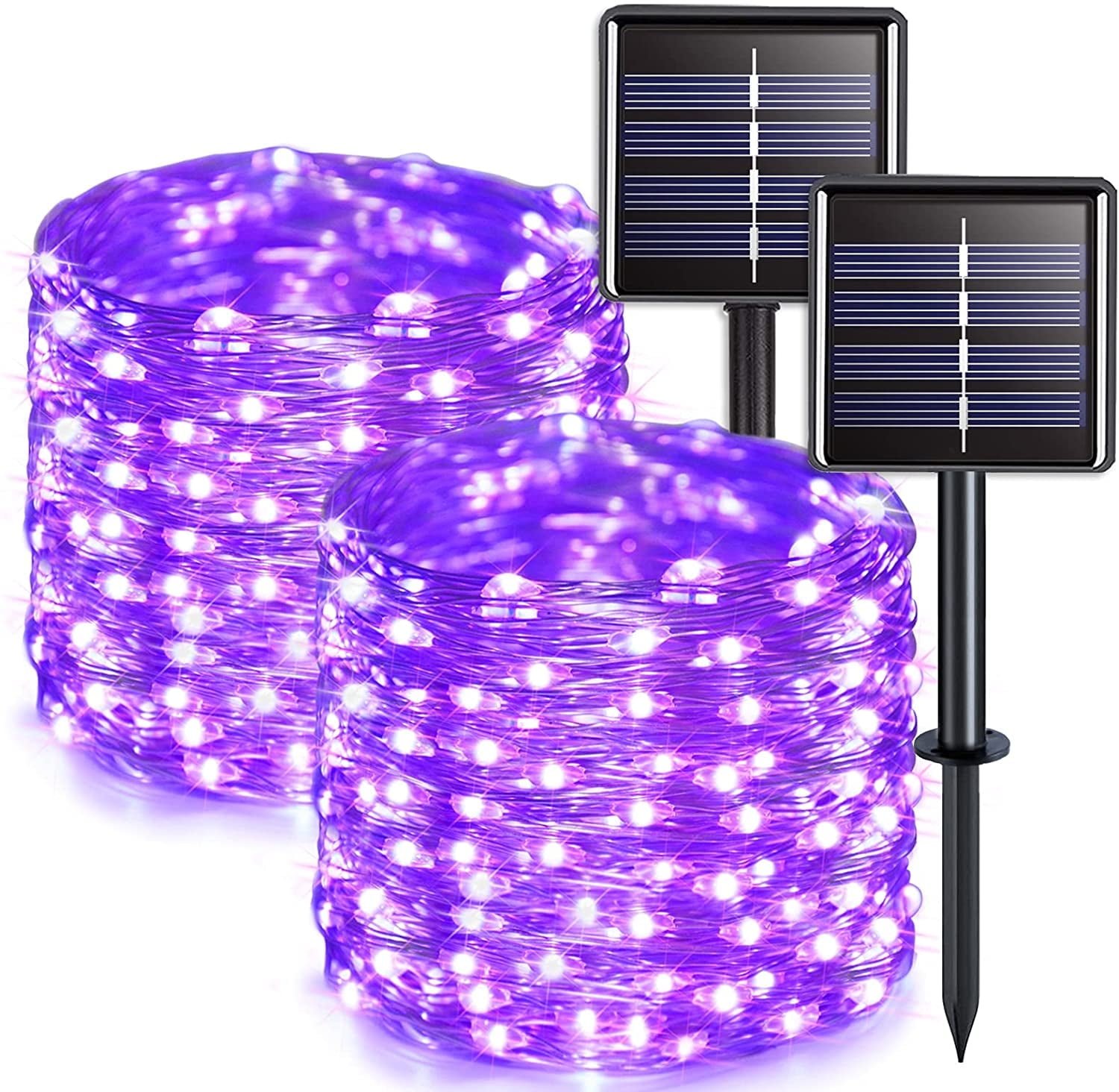 GLUAAE Solar String Lights Outdoor, Mini 33Feet 100 LED Copper Wire Lights, 8 Modes Solar Powered Fairy Lights, Waterproof Solar Decoration Lights(Purple)-2Pack