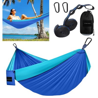 Parachute Hammock for Hiking, Lightweight Portable Camping Hammock with 2 Tree Straps for Beach Travel Hiking Backpacking and Backyard, Blue & Sky Blue