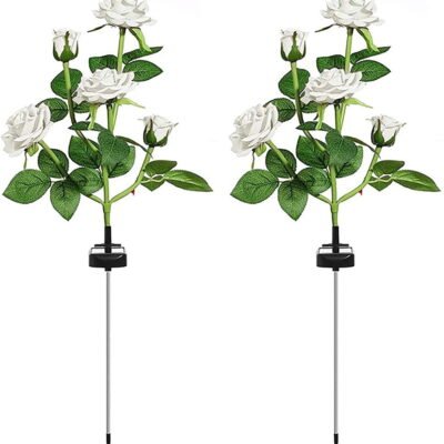 Solar Garden Stake Lights, Rose Flowers Lights LED Yellow Solar Stake Lights with 10 Roses Waterproof for Garden, Yard, Christmas Pathway, Grave Decor(2 Pack-White)