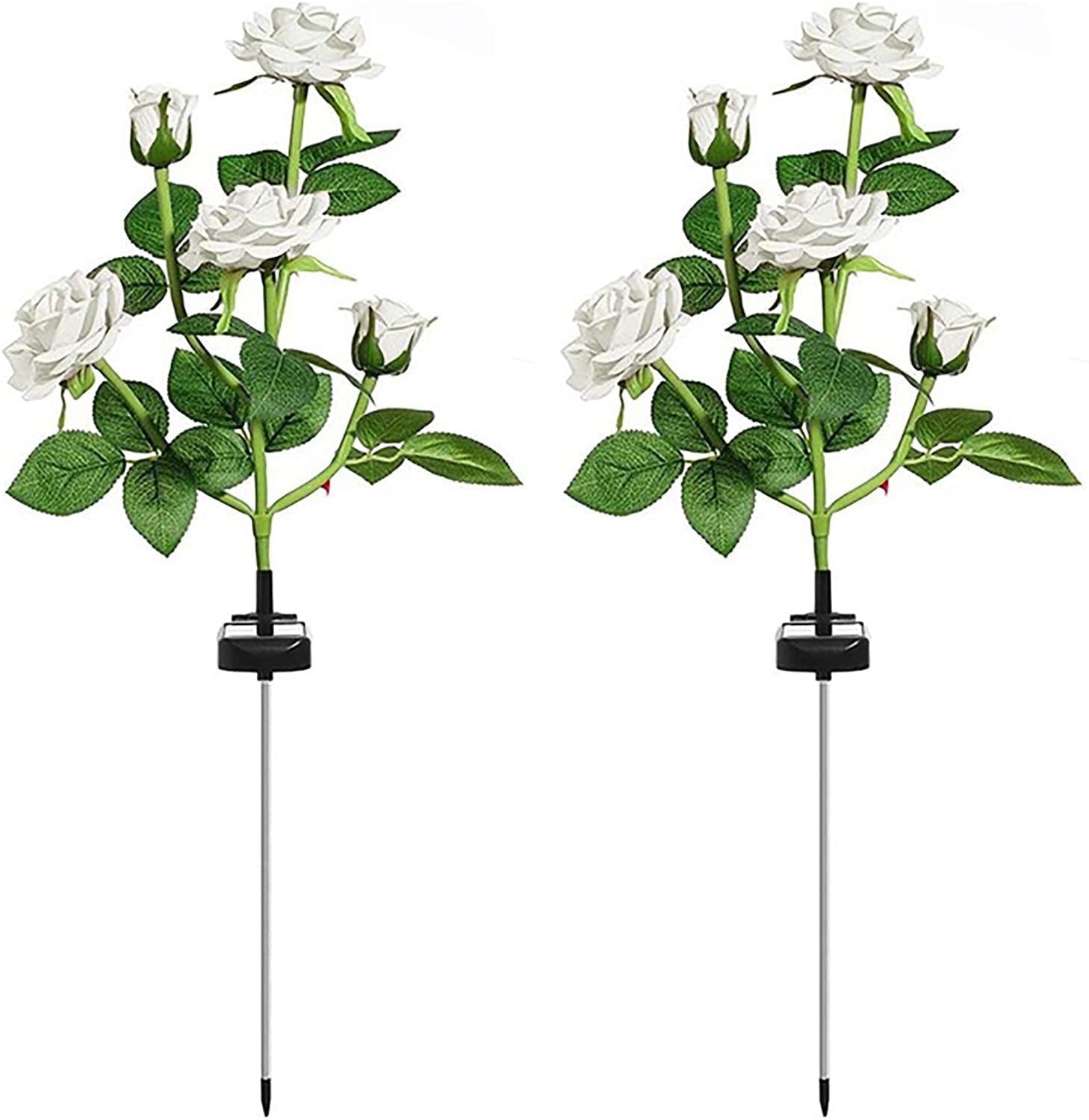 Solar Garden Stake Lights, Rose Flowers Lights LED Yellow Solar Stake Lights with 10 Roses Waterproof for Garden, Yard, Christmas Pathway, Grave Decor(2 Pack-White)