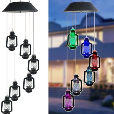 QiShi LED Solar Powered Lanterns Wind Chime Color-Changing Waterproof Six Lanterns Spiral Spinner Windchime for Indoor Outdoor Patio, Deck, Yard, Garden, Home