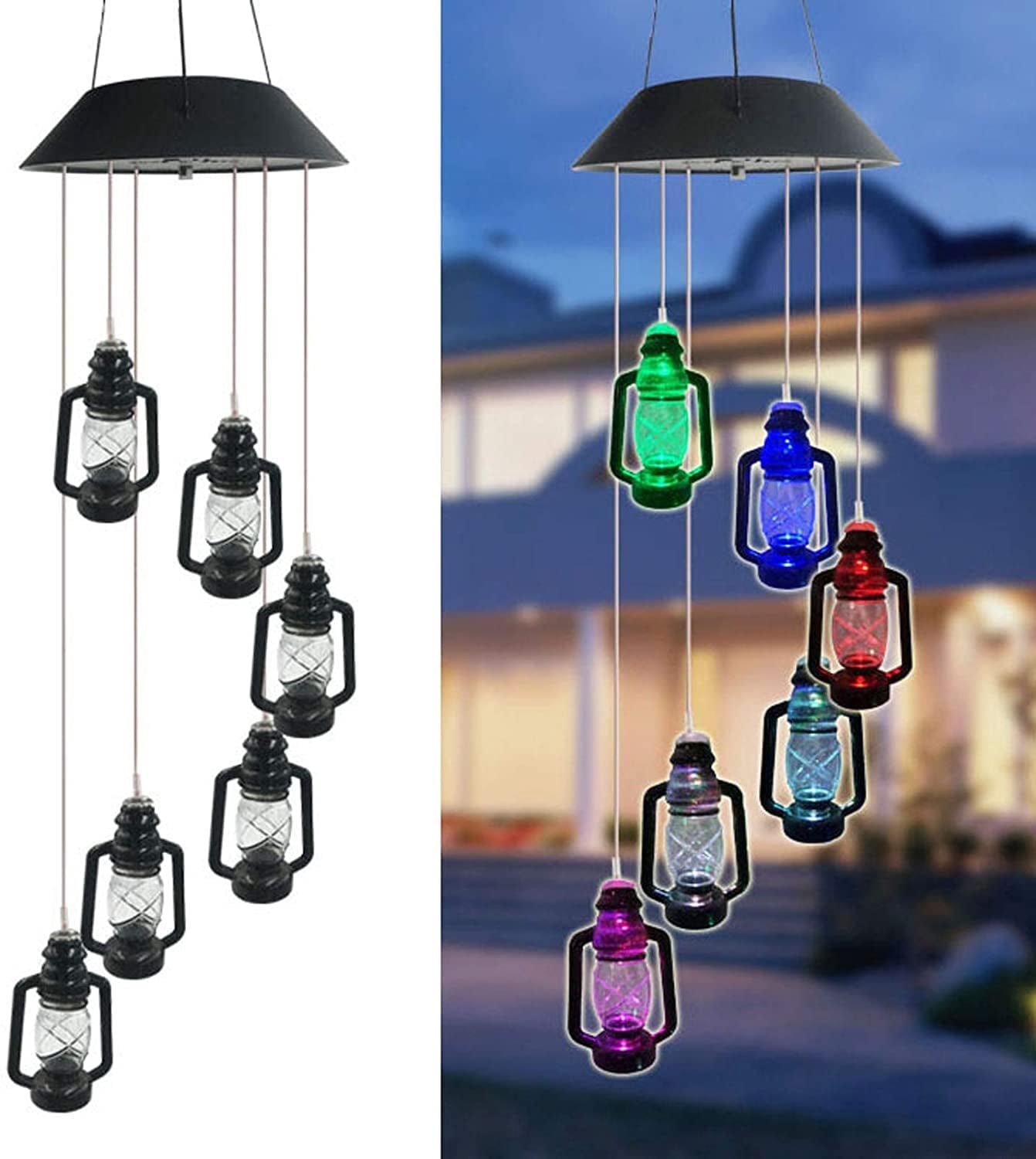 QiShi LED Solar Powered Lanterns Wind Chime Color-Changing Waterproof Six Lanterns Spiral Spinner Windchime for Indoor Outdoor Patio, Deck, Yard, Garden, Home