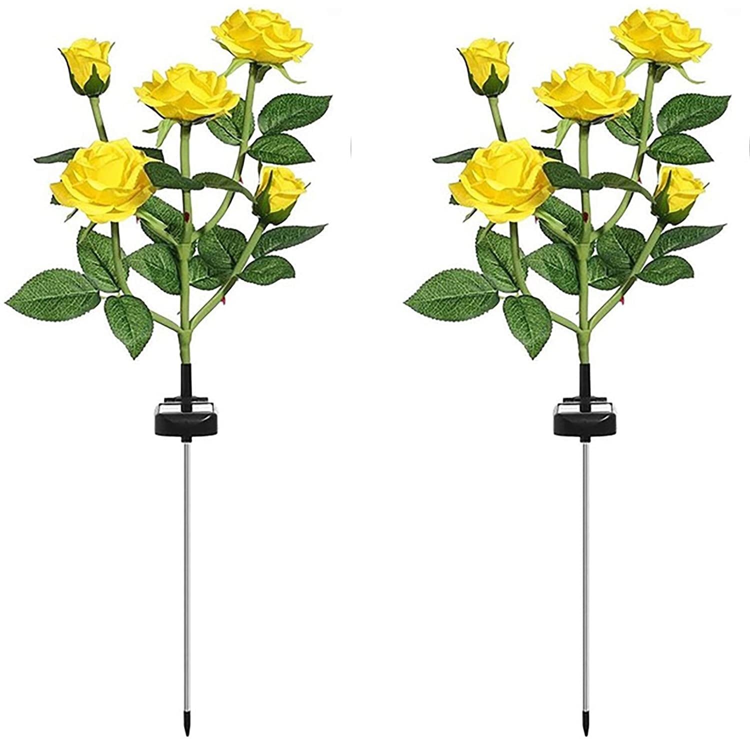 Solar Garden Stake Lights, Rose Flowers Lights LED Yellow Solar Stake Lights with 10 Roses Waterproof for Garden, Yard, Christmas Pathway, Grave Decor(2 Pack-Yellow)