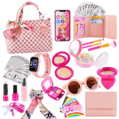 GLUAAE 38 Pcs Little Girls Play Purse Set - Princess Pretend Toys with Handbag, Phone, Wristwatch & Silk Scarf, Makeup Kit for Toddlers Ages 3+