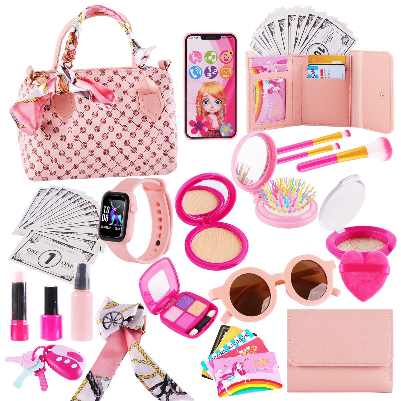 GLUAAE 38 Pcs Little Girls Play Purse Set - Princess Pretend Toys with Handbag, Phone, Wristwatch & Silk Scarf, Makeup Kit for Toddlers Ages 3+