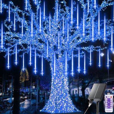 Meteor Shower Rain Lights, 8 Tube 288 LED Waterproof Icicle Snow Fall String Cascading Lights, Rain Drop Lights for Holiday Birthday Party Garden Home Patio Indoor Outdoor Decoration (Blue)
