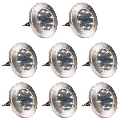 Qishi Solar Ground Lights,8 LED Disk Lights Solar Powered Waterproof,for Garden Driveway Lawn Pathway Yard Pool Step and Walkway(Cool White)8PACK