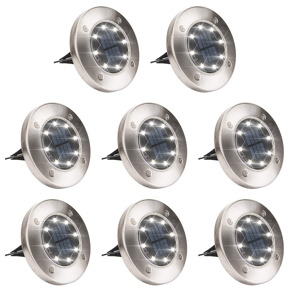 Qishi Solar Ground Lights,8 LED Disk Lights Solar Powered Waterproof,for Garden Driveway Lawn Pathway Yard Pool Step and Walkway(Cool White)8PACK