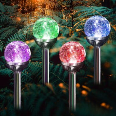 Solar Globe Lights Outdoor, Cracked Glass Ball Dual LED Garden Lights,Color-Changing Outdoor Landscape Garden Light Decoration, Garden Decor 4 Pcs