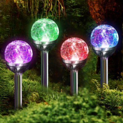 4 Pack Solar Lights Outdoor, Cracked Glass Ball Solar Garden Lights, Decorative LED Landscape Light for Patio Pathway Decor, Multicolor