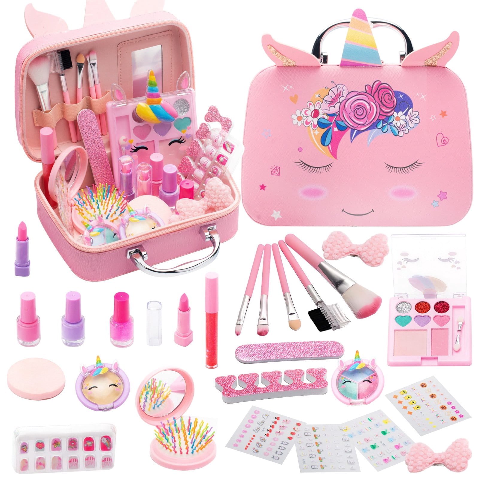 GLUAAE 26PCS Kids Makeup Kit for Girls - Washable Pretend Play Cosmetic Set with Carrying Case, Princess Dress Up Toys for Ages 3-12 (Pink, Perfect Birthday Gift)