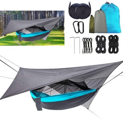 Somnr Double Camping Hammock with Net, Portable & Lightweight Nylon Hammock Tent for Backpacking, Travel, Beach, Camping, Hiking, Backyard (Gray/Blue)