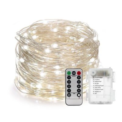 33 Feet 100 Led Fairy Lights Battery Operated with Remote Control Timer Waterproof Copper Wire Twinkle String Lights for Bedroom Indoor, White