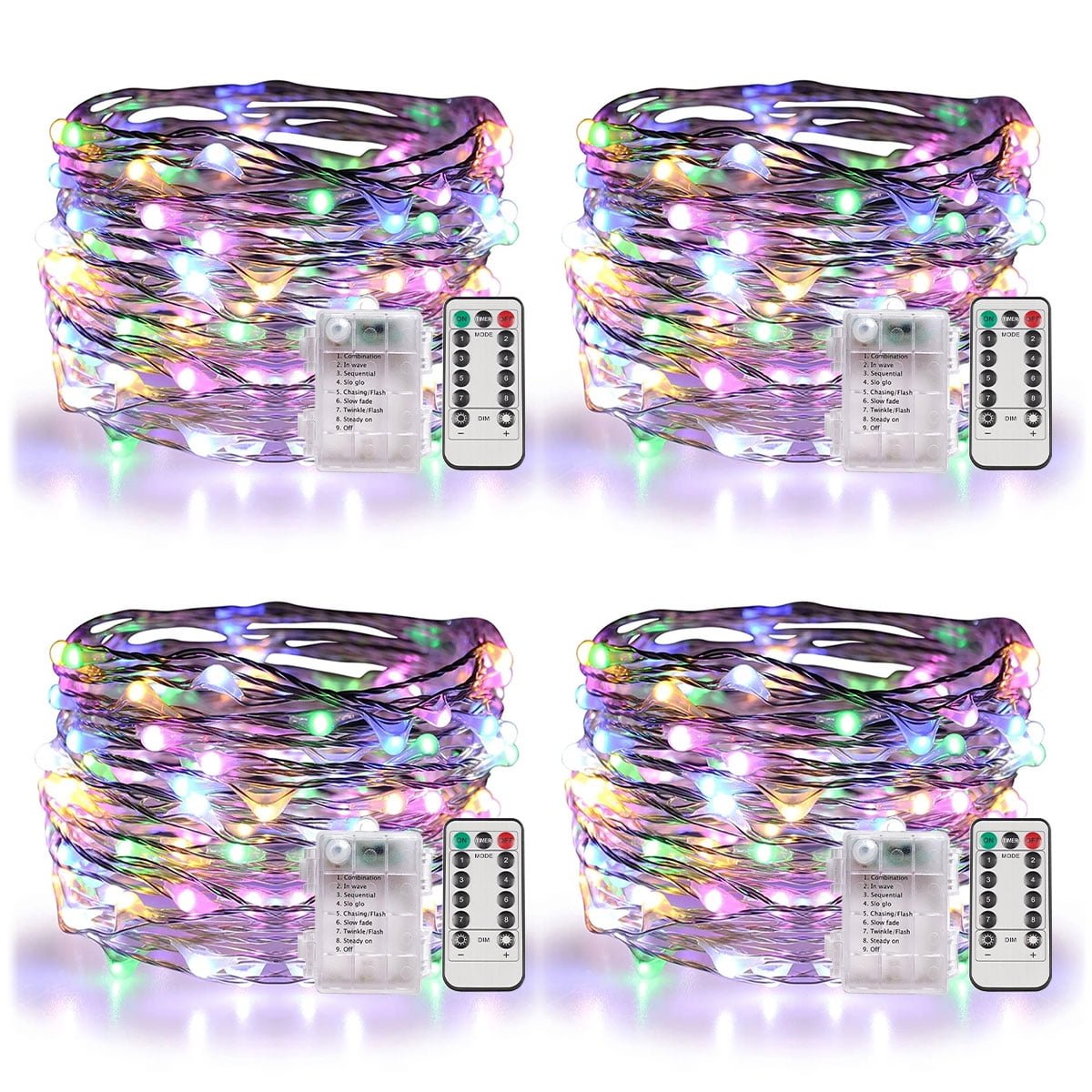 Somnr 4 Set Fairy Lights Battery Operated Christmas String Lights with Remote Timer for 8 Modes Twinkle Lights 66 feet 200 LED Firefly Lights -Multicolor