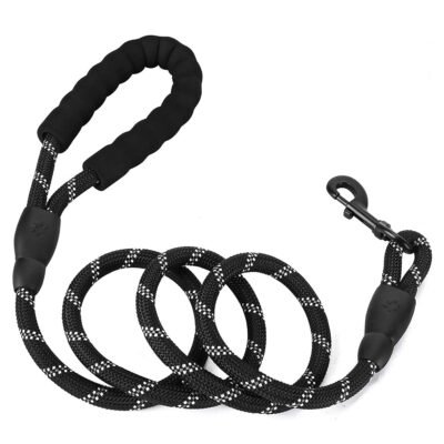 QiShi 5ft 1/2in Strong Dog Leash-Highly Reflective Heavy Duty Dog Rope Leash with Soft Padded Anti-Slip Handle- for 18-120 lbs Dogs-Black