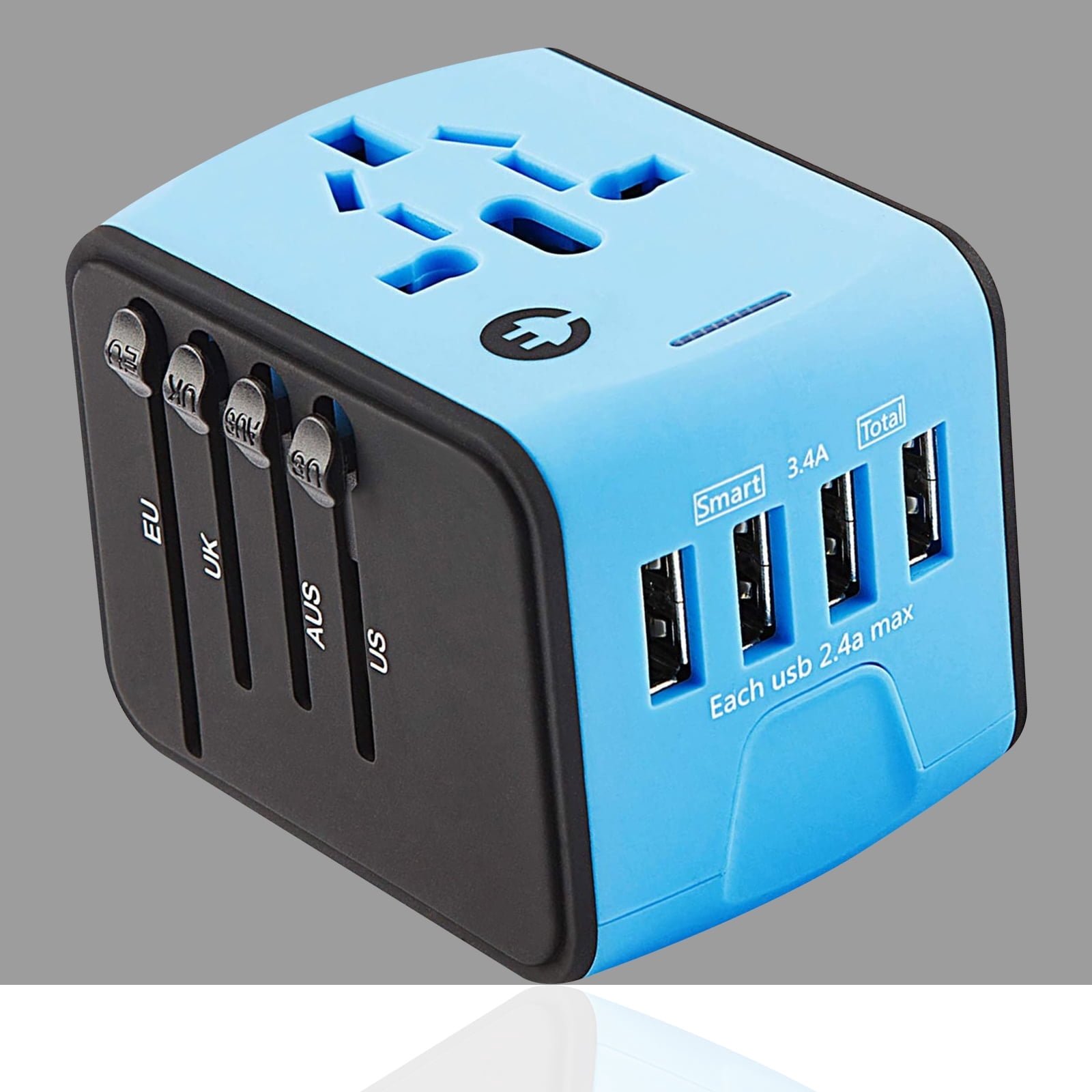 International Power Adapter, Universal Worldwide Travel Charger with 2.4A 4 USB All in One Wall Charger for Euro, AUS, UK, USA (Blue)