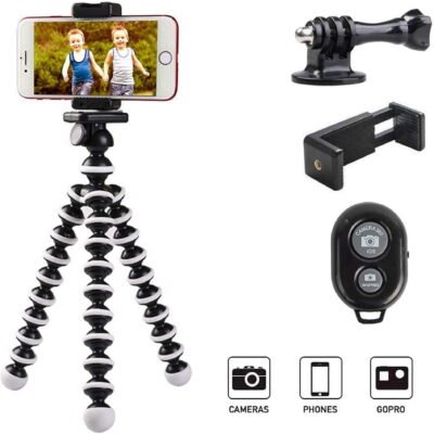Qishi Portable Phone Tripod Stand with Wireless Remote - Flexible Compatible with iPhone, Samsung, Android & GoPro-Black