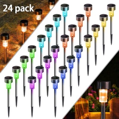 Qishi 24-pack Solar Pathway Lights - LED Stainless Steel Outdoor Lighting for Yard, Walkway