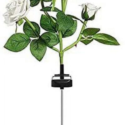 Solar Garden Stake Lights, Rose Flowers Lights LED Yellow Solar Stake Lights with 5 Roses Waterproof for Garden, Yard, Christmas Pathway, Grave Decor(1 Pack-White)