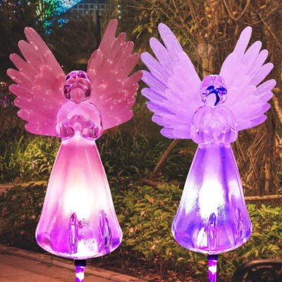 QiShi Solar Stake Light with Fiber Optic Angel Decorative Lights for Pathway Garden Yard Lawn Holiday Decorations-2 Pack