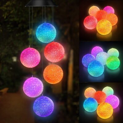 QiShi solar crystal ball/solar hummingbird wind chime Outdoor/indoor S Hook (best gifts for mom/momgrandma gifts/birthday gifts for mom),outdoor decor,yard decorations,memorial wind chimes