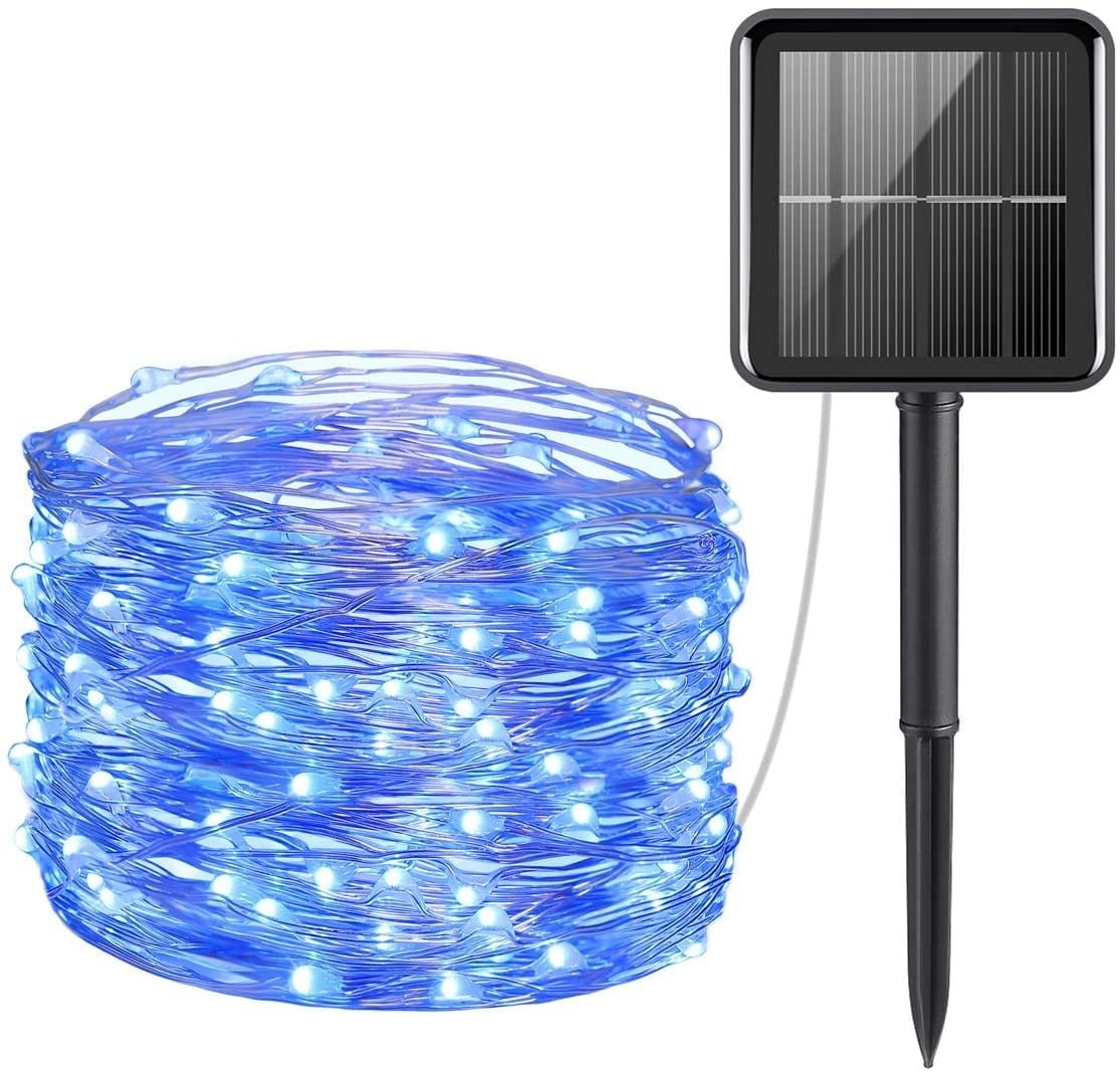 Solar Outdoor String Lights 100 LED Solar Powered Fairy Lights 33ft Flexible Copper Wire Auto On/Off 8 Modes Waterproof IP65 String Lights for Garden, Patio, Windows, Trees, Party (BLUE)
