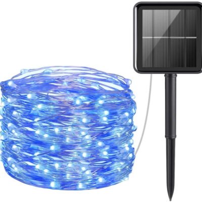 Solar Outdoor String Lights 100 LED Solar Powered Fairy Lights 33ft Flexible Copper Wire Auto On/Off 8 Modes Waterproof IP65 String Lights for Garden, Patio, Windows, Trees, Party (BLUE)