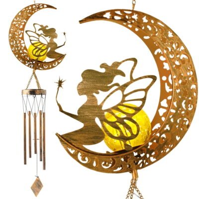 QiShi Solar Wind Chimes, Moon Fairy Hanging Lights, Outdoor Decor Crackle Glass Ball Solar Light, Patio Lawn Yard Gardening Memorial Gifts for Mom