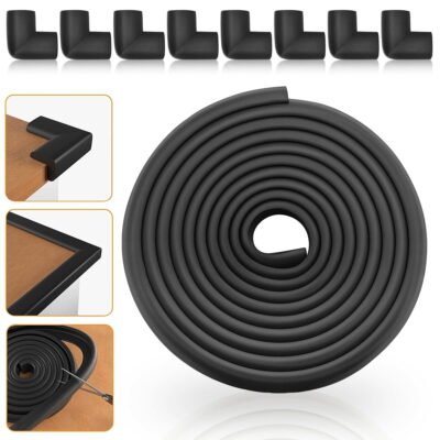 Baby Proofing Edge Corner Protector, Soft Rubber Foam Table Bumper Guard, 3M Pre-Taped Corners, 16.5 ft (15 ft Edge + 8 Corners), Black