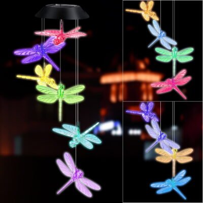 QiShi Color Changing Dragonfly Wind Chime Spiral Spinner Wind Mobile Portable Waterproof Outdoor Decorative Romantic Wind Bell Light for Patio Yard Garden Home (Dragonfly)