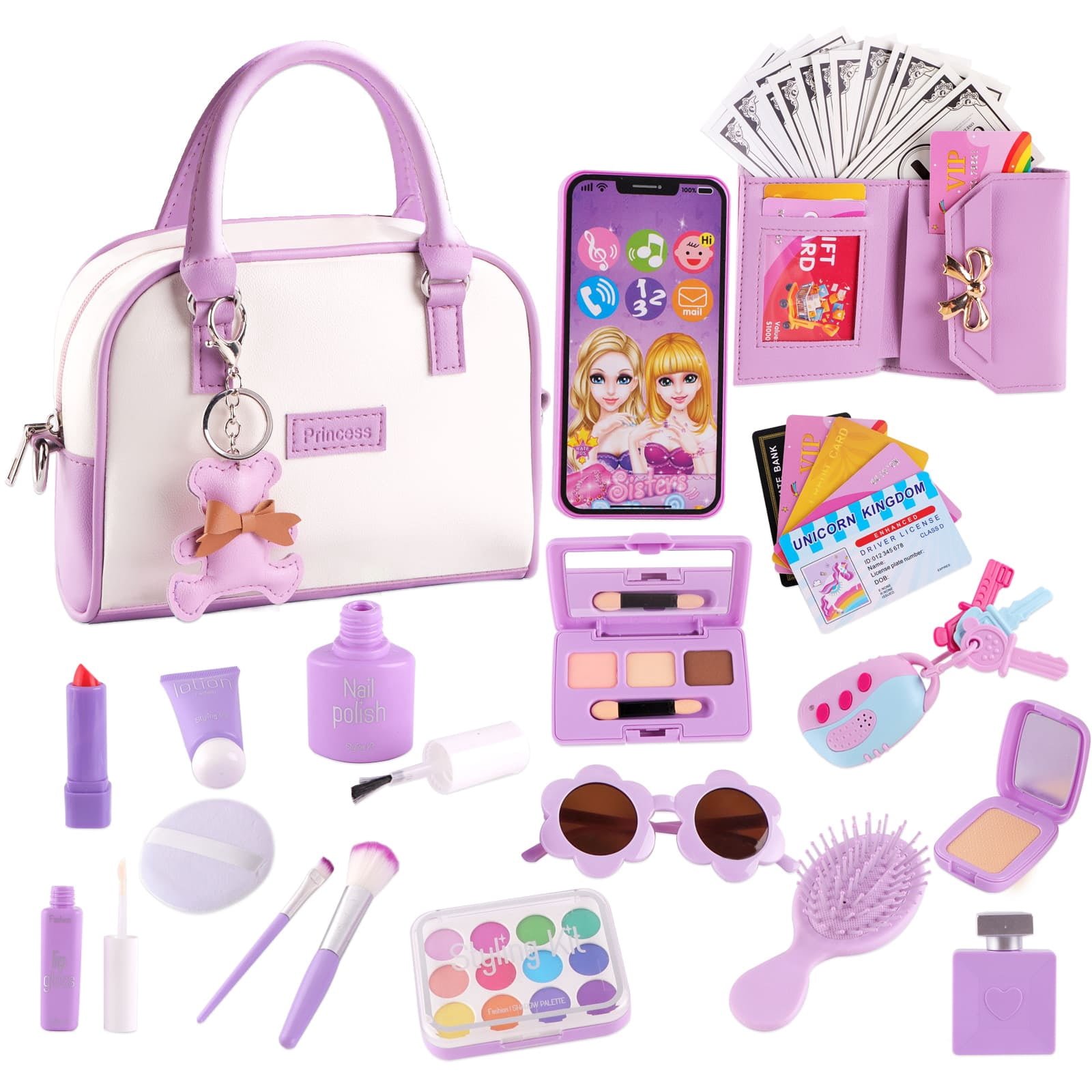 SOMNR 37 Pcs Kids Play Purse for Little Girls - Pretend Makeup Set with Handbag, Toy Phone & Wallet, Princess Dress Up Toys for Ages 3-8