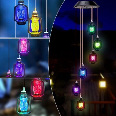 QiShi Color-Changing Solar Powered Lanterns Wind Chime Wind Moblie LED Light, Spiral Spinner Windchime Portable Outdoor Chime for Patio, Deck, Yard, Garden, Home