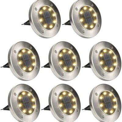 Qishi Solar Ground Lights Outdoor, 8 Pack 8 LED Solar Disk Lights Waterproof Garden In-ground Pathway Lights Landscape Lighting for Lawn,Yard,Deck,Patio,Walkway (Warm White)