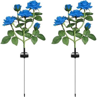 Solar Garden Stake Lights, Rose Flowers Lights LED Yellow Solar Stake Lights with 10 Roses Waterproof for Garden, Yard, Christmas Pathway, Grave Decor(2 Pack-Blue)